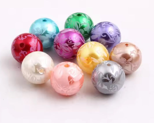 White Flower Print Pearl Chunky Acrylic 20mm Bead Set of 5 Mixed Color