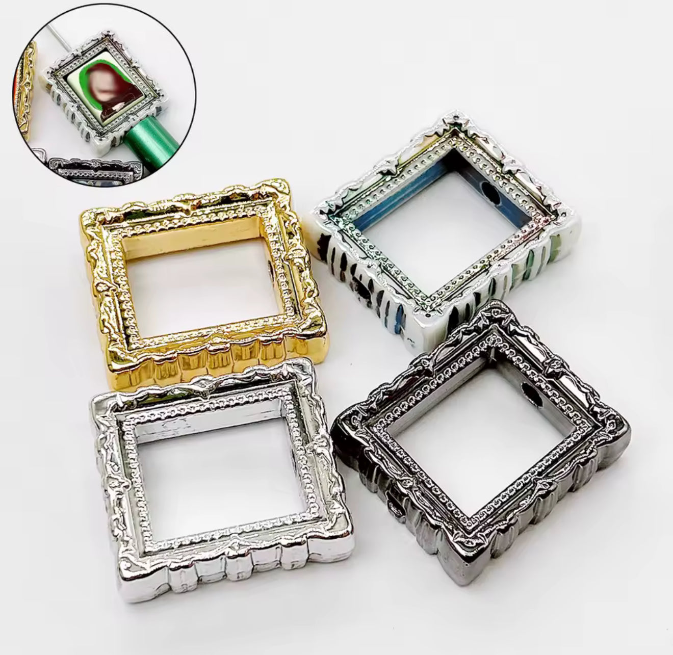 Square Picture Frame Effect Metal Tone Acrylic 32mm Bead Set of 2 There is no slot for picture.