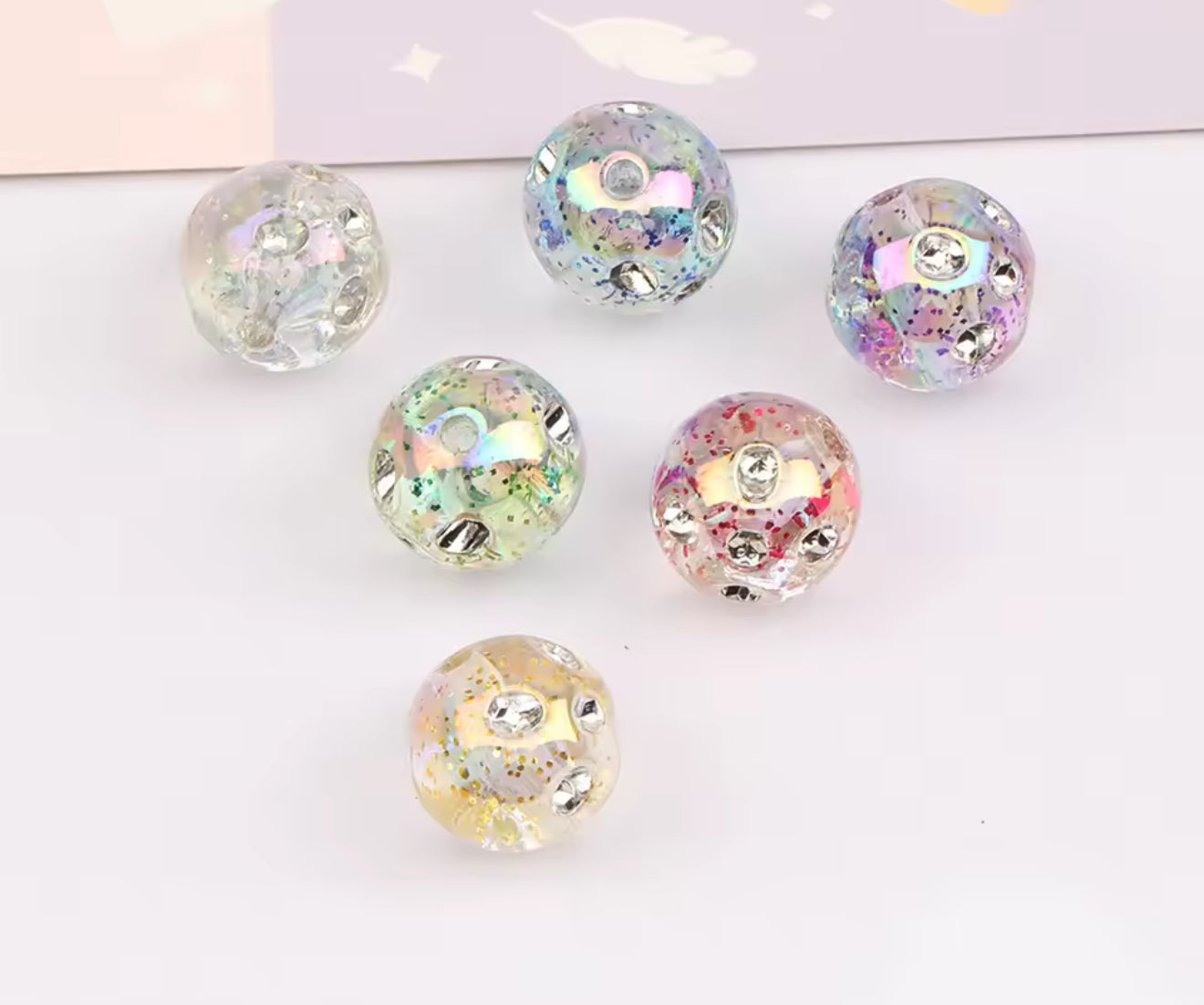 UV Aurora Effect Rhinestone Studded Acrylic 16mm Beads Set of 5